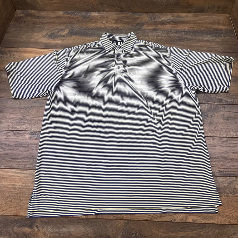 FootJoy Mens XL Golf Polo Shirt Yellow Navy Blue Striped Meadow Lark CC Logo